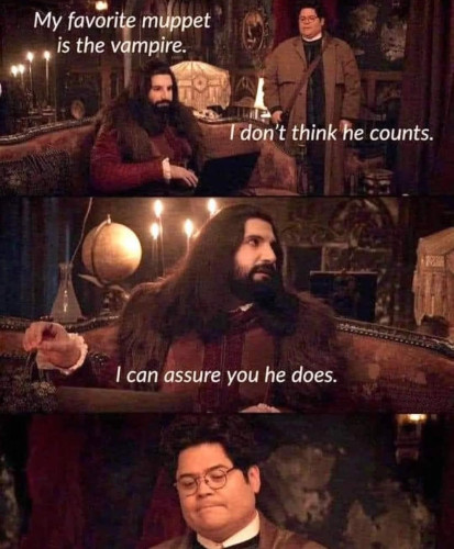 Screenshots from What We Do in the Shadows:

Nandor: My favorite Muppet is the vampire.
Guillermo: I don't think he counts.
Nandor: I can assure you he does.

