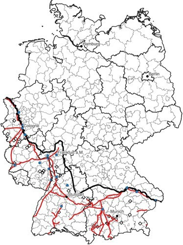 "Figure 1. The Limes Germanicus, Roman roads, markets, mines, current NUTS-3 regions and federal states.

Note: The Limes Germanicus (Upper Germanic and Rhaetian Limes) is the solid black line. Solid red lines are major Roman roads. Black diamonds indicate the location of a Roman market or mine. Thinner borders indicate NUTS-3 regions (counties); thicker borders indicate federal states. Blue dots are Roman settlements; black dots are main cities in contemporary Germany that did not exist as major settlements in the Roman era."

On the Roman origins of entrepreneurship and innovation in Germany
Michael Fritsch, Martin Obschonka, Fabian Wahl & Michael Wyrwich
https://doi.org/10.1080/00343404.2023.2276341
Published online:
27 November 2023