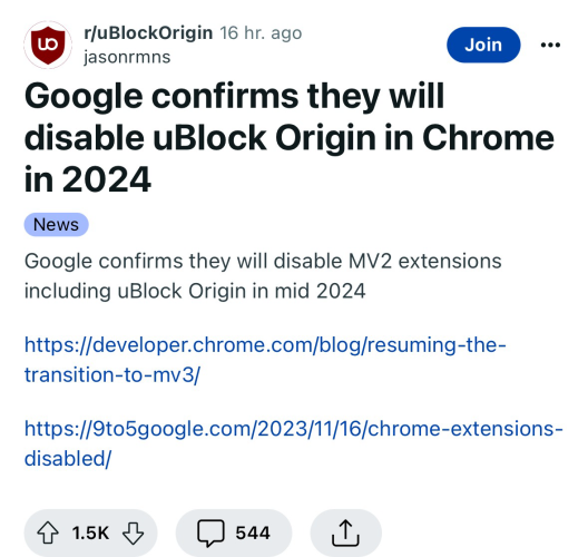 Google confirms they will disable uBlock Origin in Chrome in 2024 🤡