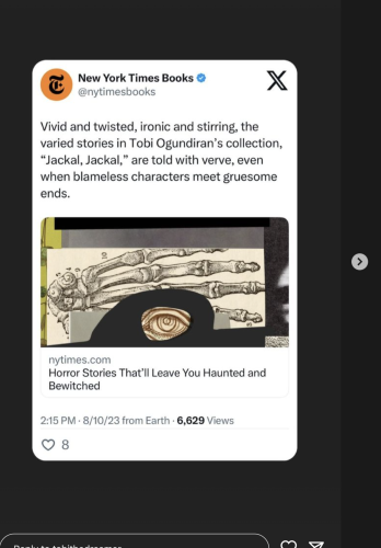 Screenshot of New York Times Books account on twitter, with mention of Tobi Ogundiran's collection "Jackal, Jackal," calling it 'Vivid and twisted, ironic and stirring.'