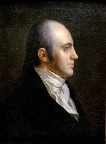 Portrait of Aaron Burr, the Third U.S. Vice President, 1801–05, facing to our right, clean-shaven, white ascot, black suit. (John Vanderlyn, 1802). By John Vanderlyn - http://www.alexanderhamiltonexhibition.org/about/pop_preview/downloads/A107_BurrPortrait_1931_58.jpg, Public Domain, https://commons.wikimedia.org/w/index.php?curid=7172901