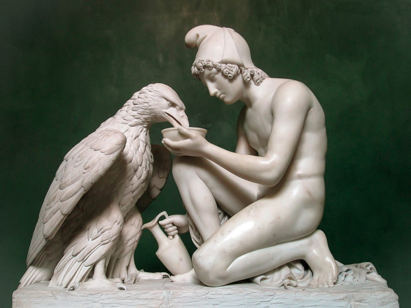 Marble sculpture titled "Ganymede Waters Zeus" by Bertel Thorvaldsen . The statue has a large eagle next to a nude male figure that is holding water for the bird in a bowl. 