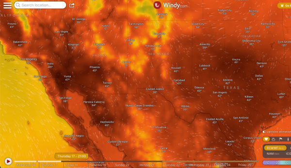 Windy.com temperature map showing 32° Celsius in Los Angeles, 41 in Las Vegas, 42 in Tucson, 45 in Phoenix, 41 in San Antonio, 41 in Fresno