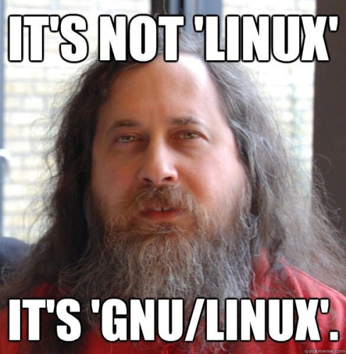 (A picture of Richard Matthew Stallman)
The top caption reads, "It's not Linux."

The bottom caption reads, "It's GNU/Linux."