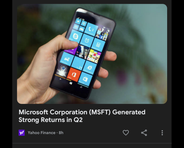 A thumbnail of an article reporting on the current Microsoft earnings report, but using an image of a Windows phone which hasn't been made in almost nine years. 