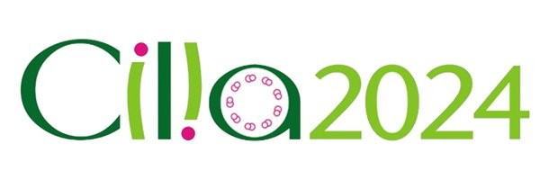 Logo of the European Cilia Meeting 2024 in green letter with the i looking like green cilia with pink basal bodies and nine microtubule pairs forming a ring inside the a. 