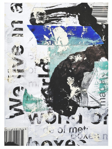 A collage of torn inked spilled paper with typography that says "we live in a world of boxes"