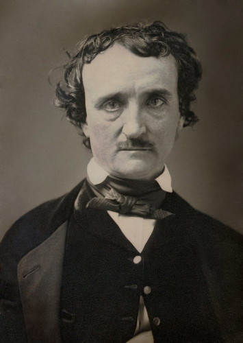 1849 "Annie" daguerreotype of an unsmiling Poe, staring directly at the camera, wearing a bowtie, dark vest with only the top button buttoned, and dark coat over it. By Unknown author; Restored by Yann Forget and Adam Cuerden - Derived from File:Edgar Allan Poe, circa 1849, restored.jpg; originally from http://www.getty.edu/art/gettyguide/artObjectDetails?artobj=39406, Public Domain, https://commons.wikimedia.org/w/index.php?curid=77527076