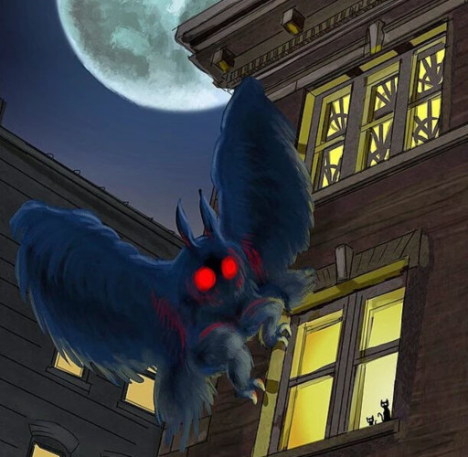 A mothman is outside a window in a city, looking in - the moon is out and there are cats in the windows