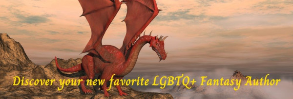 Discover your new favorite LGBTQ+ Fantasy Author! A red dragon stands on four legs with wings lifted up atop a bare rock mountain top. The sky is mostly covered in thin white clouds before a blue sky.