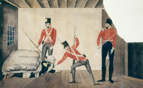 Satirical cartoon of The arrest of Governor Bligh, 1808, artist unknown, watercolour drawing, attached to the left hand wall in the image is a sheet with text, "O what can the matter be." Shows 3 soldiers in red uniforms, with black, cylindrical hats, dragging a cowering Bligh out from under a mattress where he was hiding. Mitchell Library, State Library of New South Wales, Safe 4/5. By Unknown author - State Library of New South Wales, Safe 4/5, Public Domain, https://commons.wikimedia.org/w/index.php?curid=17959234