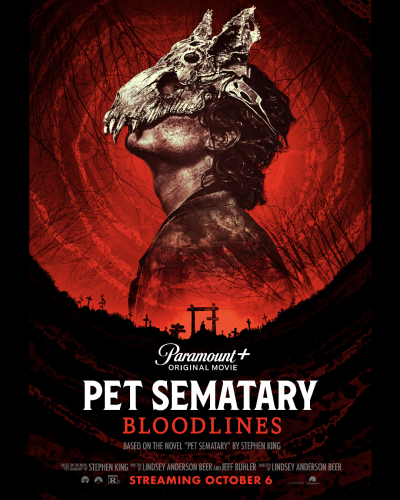 Poster art for Pet Sematary Bloodlines  which has a profile of a person wearing an animal skull/mask