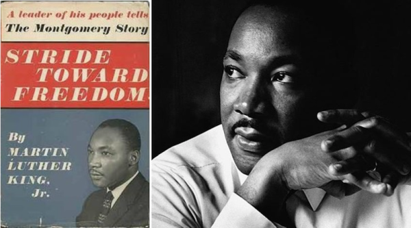 Cover of Stride Toward Freedom on the left, and a portrait of Dr King on the right. 