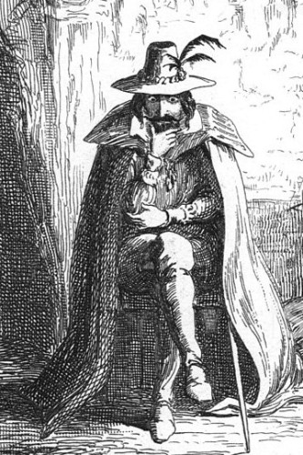 George Cruikshank's illustration of Guy Fawkes, in a cape and a wide-brimmed, feathered hat, published in William Harrison Ainsworth's 1840 novel Guy Fawkes. By George Cruikshank - Ainsworth, William Harrison. Guy Fawkes, or The Gunpowder Treason. 1840., Public Domain, https://commons.wikimedia.org/w/index.php?curid=10479566