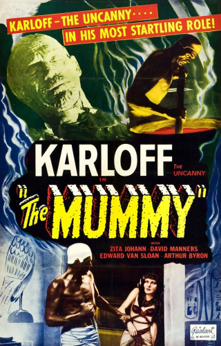 Movie poster for Karloffs 1932 The Mummy. It has artistic renderings of the mummy, a woman, etc and the top says Karloff the uncanny - his most startling role