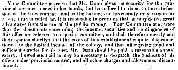 Typewritten text describing how the receiver general has not provided security for the public monies he holds, though he has offered to do so, and suggests that he may be using these funds for his own private gain.