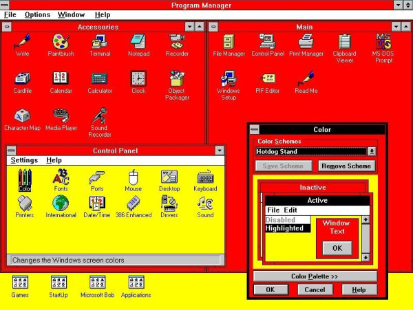 Windows with the Hotdog Stand theme, a bold red and yellow