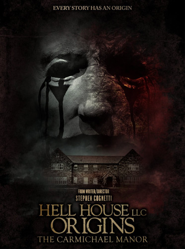 Movie poster for HELL HOUSE LLC ORIGINS: THE CARMICHAEL MANOR. It has a scary face with black eyes looming over a large house
