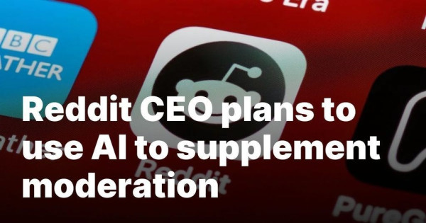 "Reddit CEO plans to use AI to supplement moderation" text laid over the Reddit iPhone app icon.