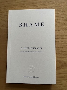 Shame by Annie Ernaux. Blue writing on a white book cover.