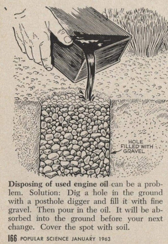 HOLE FILLED WITH GRAVEL Disposing of used engine oil can be a prob- lem. Solution: Dig a hole in the ground with a posthole digger and fill it with fine gravel. Then pour in the oil. It will be ab- sorbed into the ground before your next change. Cover the spot with soil. 166 POPULAR SCIENCE JANUARY 1963