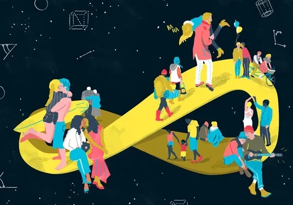 A cartoon of a group of couples, mainly, in various activities and poses on a large floating yellow infinity symbol against a black sky with polygons, arcs, angles, and points in white appearing as constellations and stars.

Image Source: https://www.themarginalian.org/2015/02/18/hannah-fry-the-mathematics-of-love/

Extracted from, The Mathematics of Love: Patterns, Proofs, and the Search for the Ultimate Equation by Hannah Fry