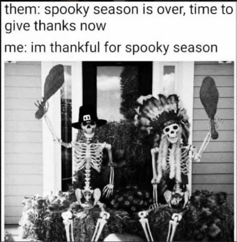 2 skeletons wearing Pilgrim & Native American attire, waving turkey legs in their bony hands with the text:

them: spooky season is over, time to give thanks
me: im thankful for spooky season 