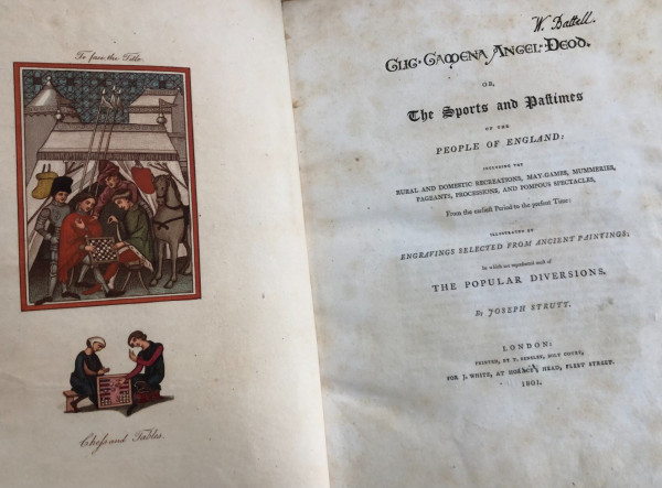 The title page of 'Glig-Gamena Angel-Deod, or the Sports and Pastimes of the People of England’. It includes an intricate and colourful drawing of people playing games.