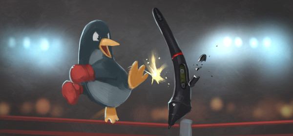 A quick digital painting of a fight on a boxing ring: a badass tux is kicking a stylus. This one loose its buttons in the process.