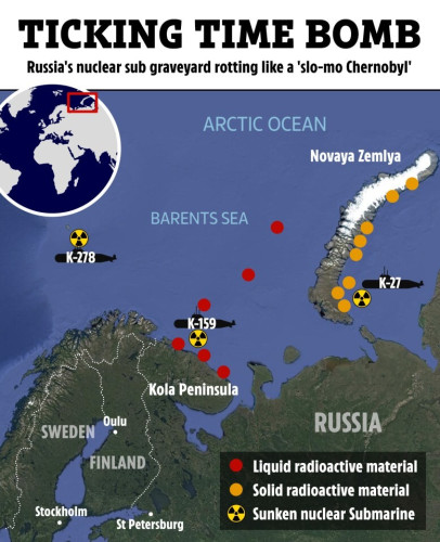 Map showing major nuclear waste sites in the Russian European Arctic