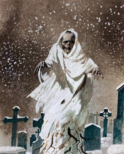 Art of a horrifying ghoul in a graveyard in the winter (it's snowing). 