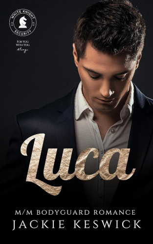 Cover - Luca by Jackie Keswick - handsome young clean-shaven white man with dark hair, wearing an open collor white button-down shirt and black jacket, looking down.