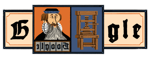 a series of rectangles; left to right:
- a sort of Gothic capital G
- image of Gutenberg about type set (backwards) to spell Google
- a wooden printing press
- the lower-case letters gle in Gothic typeface