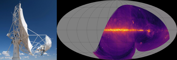 Left: the SKAMPI radio telescope. Right: First light SKAMPI image of the Southern Sky at 2.5 GHz wavelength. The frame (in grey) shows the complete sky in galactic coordinates with the Galactic centre in the middle. The false colour image shows radio emission from the part of the sky which is accessible to the telescope in South Africa. Besides radio emission from the Galactic centre (Sgr A), the bright radio galaxy Cen A, both Magellanic clouds and star forming areas in Orion and Vela show up in the image. Credit: SKAMPI Team