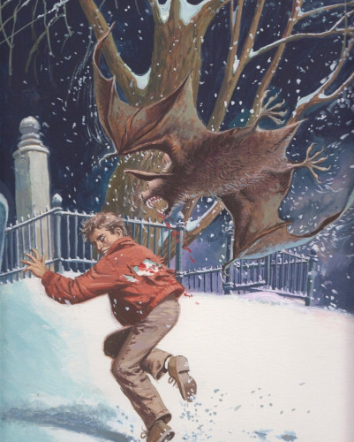 Art of a guy running outside in the winter, away from a giant bat that's biting and attacking him