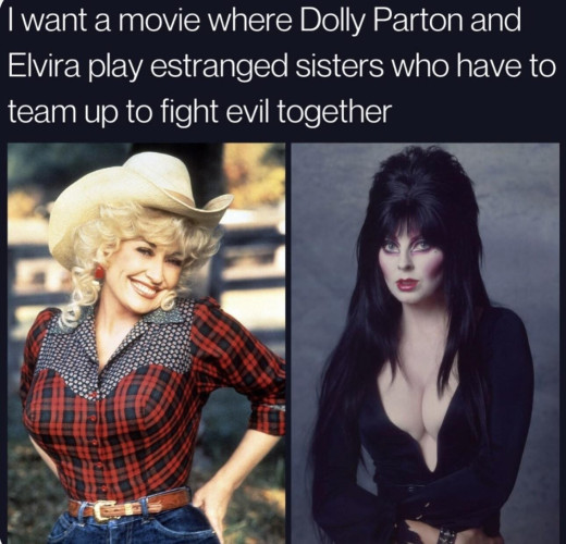 "I want a movie where Dolly Parton and Elvira play estranged sisters who have to team up and fight evil together." With a picture of Dolly Parton smiling wearing western wear and Cassandra Peterson being Elvira.