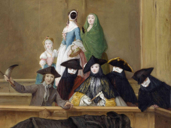 Detail of masked spectators in the painting "Il Rinoceronte" by Pietro Longhi