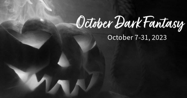Dark Fantasy through October 31st, 2023. A black-and-white close-up of a grinning jack-o-lantern with candlelight and smoke rising out of the eyes, nose, and mouth.