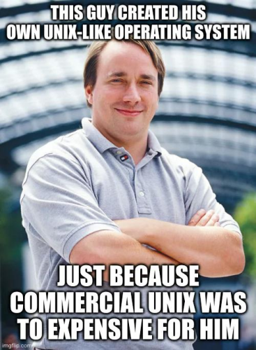 A picture of Linus Torvalds with the caption "Creating his own Unix-like operating system because commercial Unix was too expensive for him." In 1991, Torvalds was studying UNIX at university and using Minix, but he felt he could create something better.
